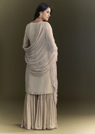 Light Grey Cutdana Zardosi Embroidered Kurta With Scallop Border Dupatta