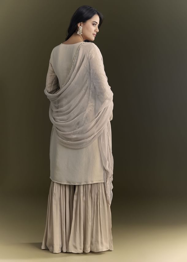Light Grey Cutdana Zardosi Embroidered Kurta With Scallop Border Dupatta