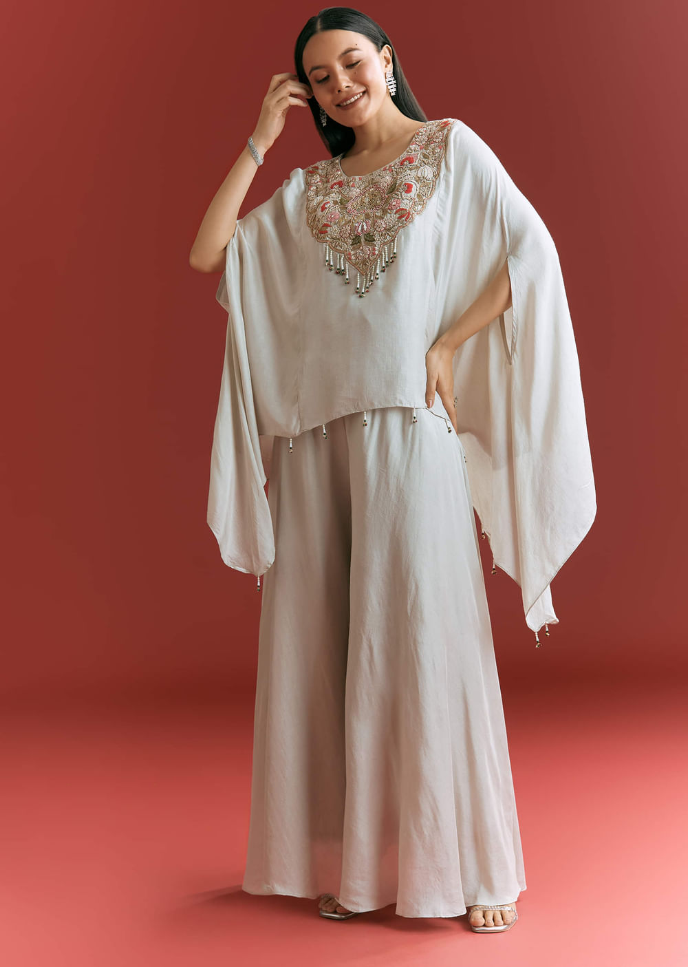 Light Grey Dola Silk Kaftaan Suit With Zardosi Work
