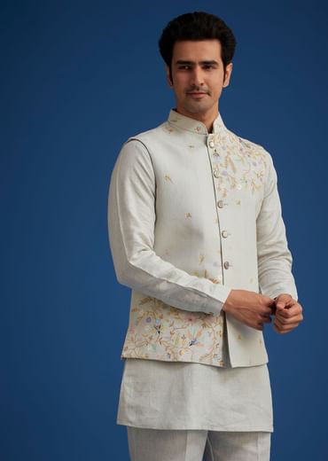 Light Grey Linen Kurta Set With Resham Work Jacket