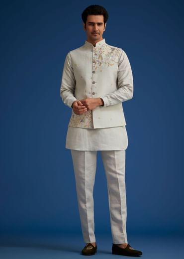 Light Grey Linen Kurta Set With Resham Work Jacket