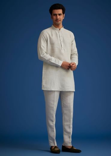 Light Grey Linen Kurta Set With Resham Work Jacket