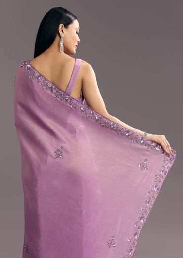Light Lavender Tissue Saree With Floral Embroidered Scallop Border