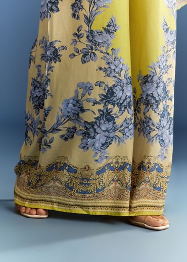 Light Lime Green Cotton Muslin Kaftaan With Floral Print Palazzo