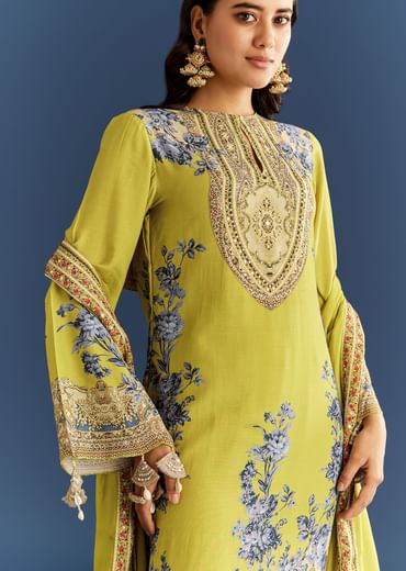 Light Lime Green Cotton Muslin Kurta Palazzo Suit With Chinon Dupatta
