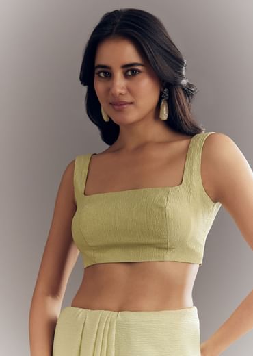 Light Pastel Green Crushed Tissue Saree With Cutdana Sequins And Beads Embroidery