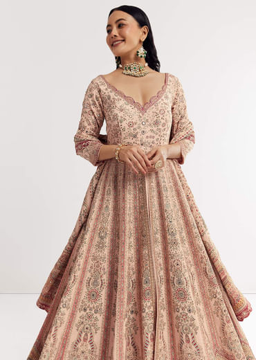 Light Peach Printed Crepe Anarkali Suit With Embroidery