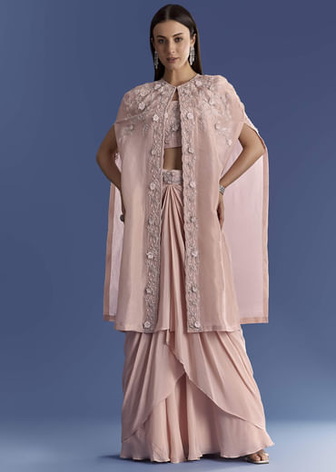 Light Peach Tissue Cape Set With Embroidered Croptop And Skirt