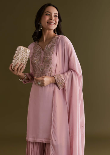 Light Pink Chinon Cutdana Sharara Suit