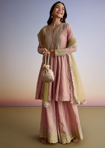 Light Pink Crush Tissue Sharara Suit With Zari Sequins