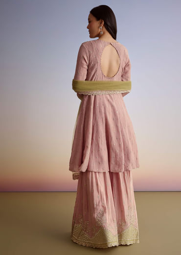 Light Pink Crush Tissue Sharara Suit With Zari Sequins