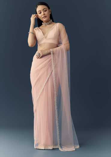 Light Pink Net Saree with Zigzag Cutwork and Unstitched Blouse