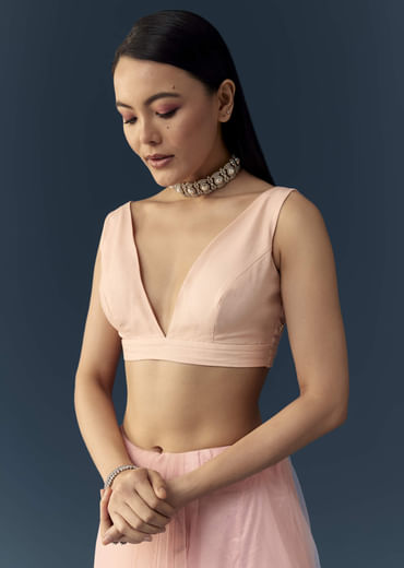 Light Pink Net Saree with Zigzag Cutwork and Unstitched Blouse