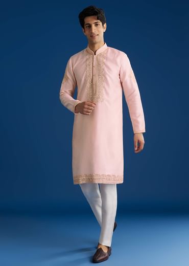 Light Pink Silk Mirror Threadwork Kurta Set