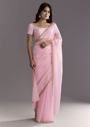 Light Pink Tissue Embroidered Saree With Cutwork Scallop Border