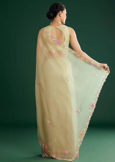 Light Pista Crushed Tissue Saree With Floral Embroidery