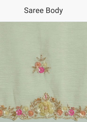 Light Pista Crushed Tissue Saree With Floral Embroidery