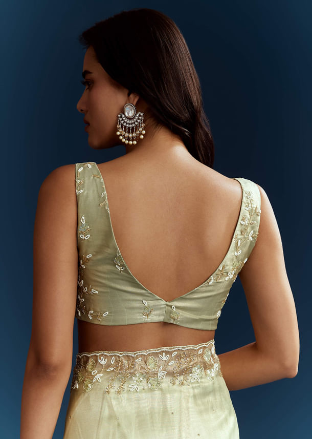 Light Pista Organza Saree With Floral Cutdana And Stone Embroidery