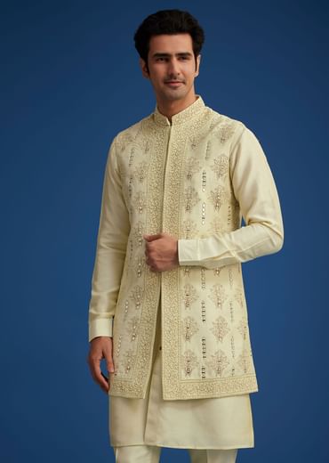 Light Pista Silk Kurta Set With Thread And Mirror Work Jacket