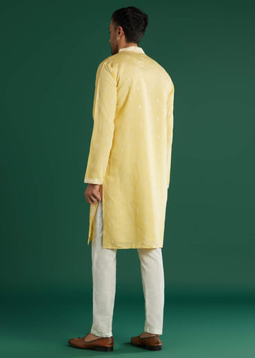 Light Yellow Silk Kurta Set For Men With Mirror And Resham Embroidery