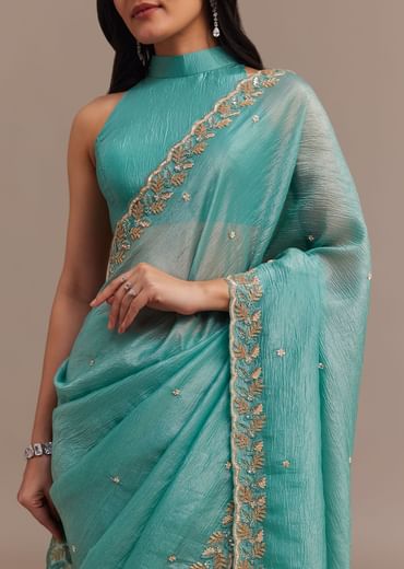Light Blue Crushed Tissue Saree Embroidered With Cutdana And Sequins