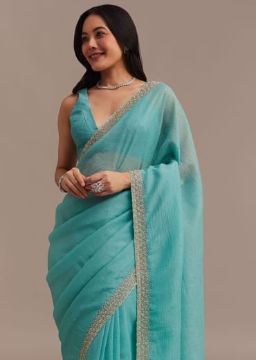 Light Blue Crushed Tissue Saree Embroidered With Cutdana And Stones