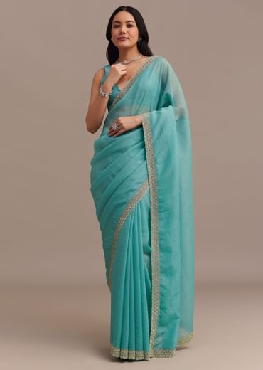 Light Blue Crushed Tissue Saree Embroidered With Cutdana And Stones
