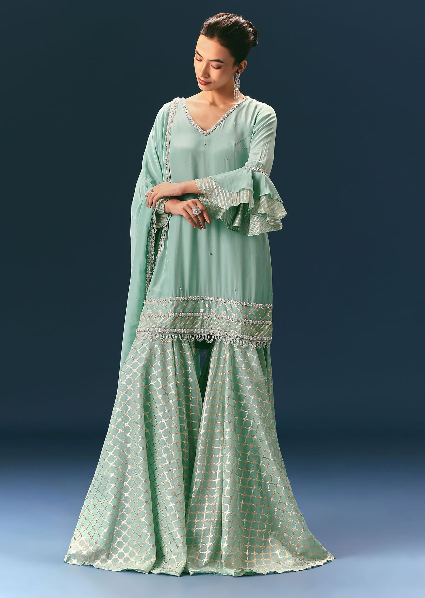 Light Blue Frill Sharara Suit With Tassel Dupatta