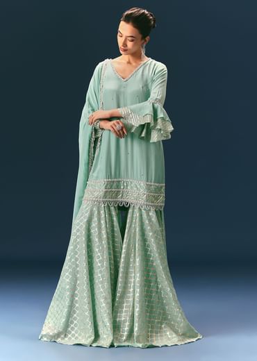 Light Blue Frill Sharara Suit With Tassel Dupatta