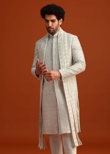 Light Blue Heavy Work Sherwani Set With Dupatta