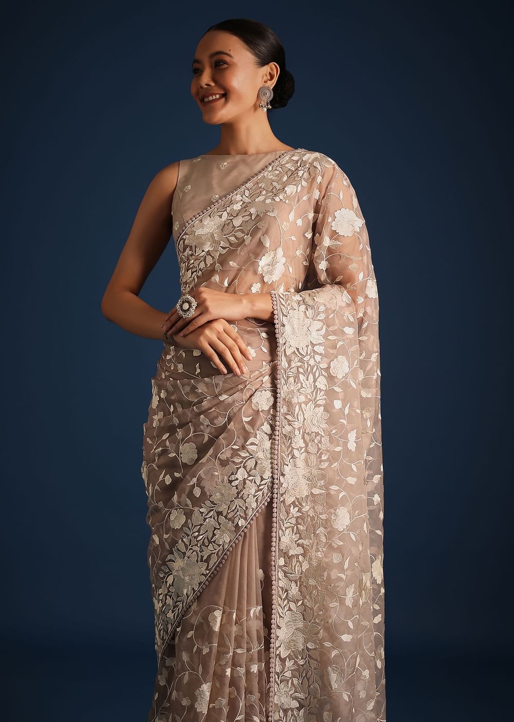 Light Brown Organza Resham Thread Embroidered Saree