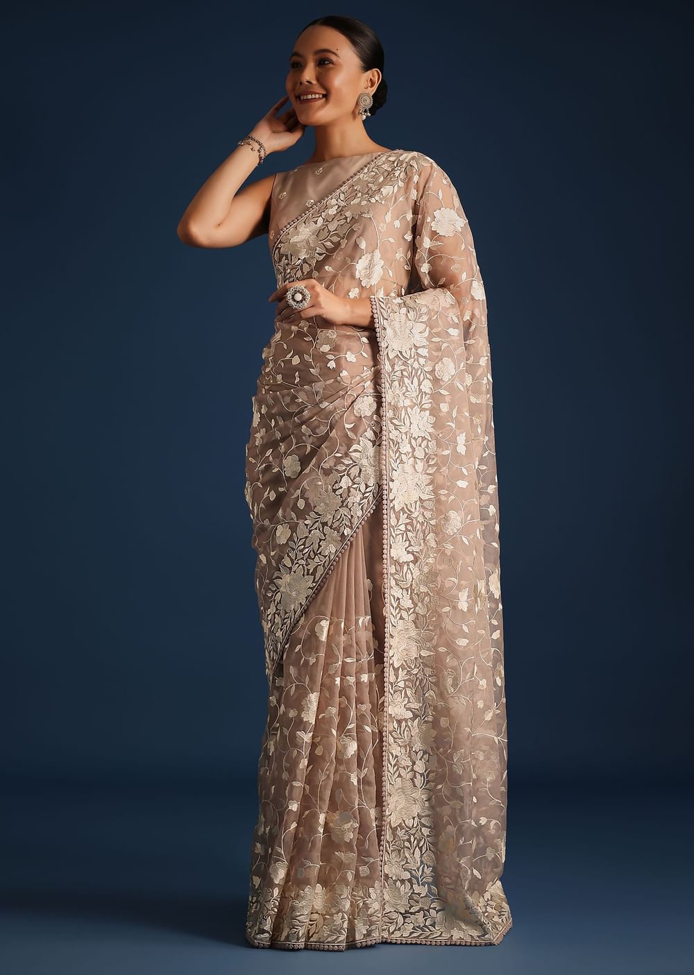 Light Brown Organza Resham Thread Embroidered Saree