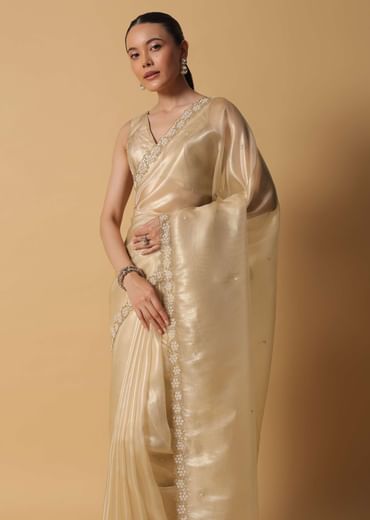 Light Gold Toned Saree In Tissue With Cut Dana Embroidered Borders
