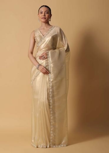 Light Gold Toned Saree In Tissue With Cut Dana Embroidered Borders