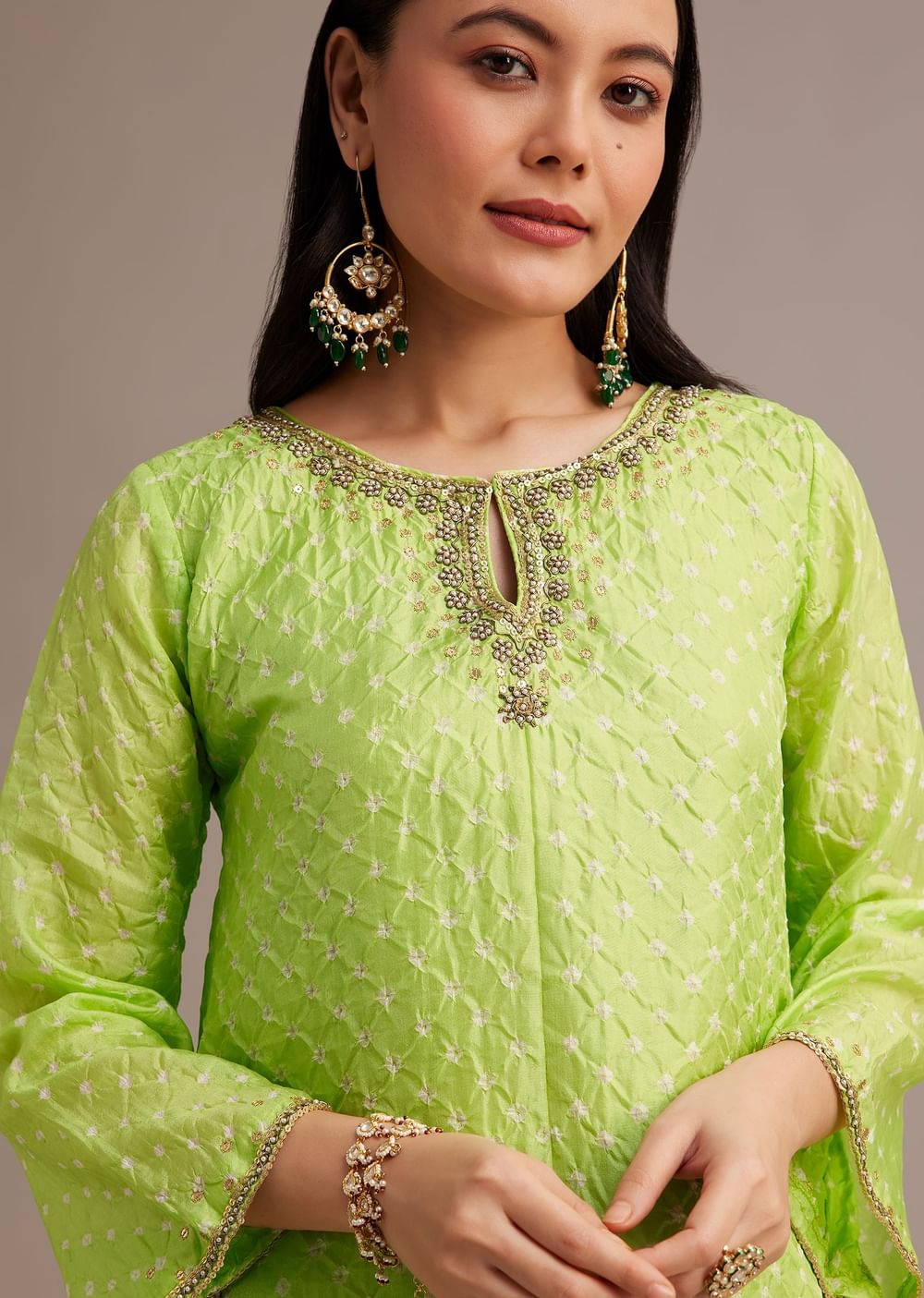 Light Green Bandhani High Low Kurta Set With Dhoti