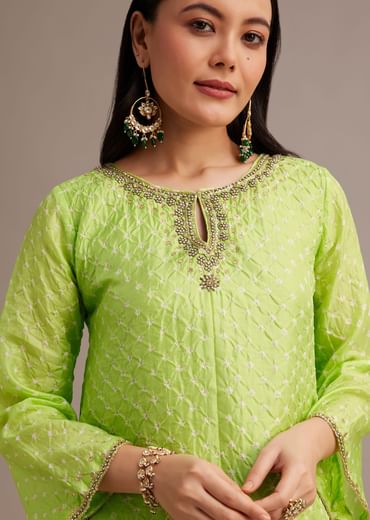 Light Green Bandhani High Low Kurta Set With Dhoti