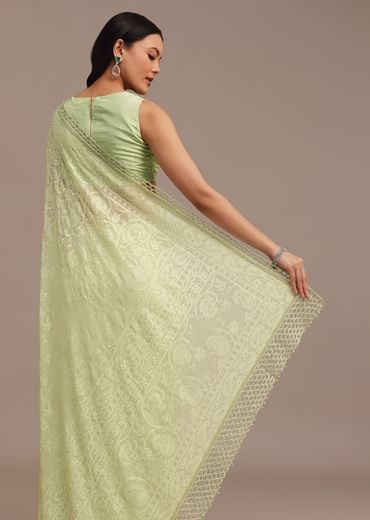 Light Green Chikankari Georgette Saree With Stone Embellishments