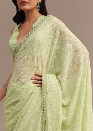 Light Green Chikankari Georgette Saree With Stone Embellishments
