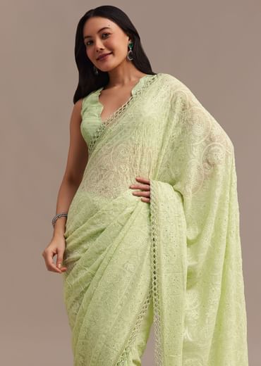 Light Green Chikankari Georgette Saree With Stone Embellishments