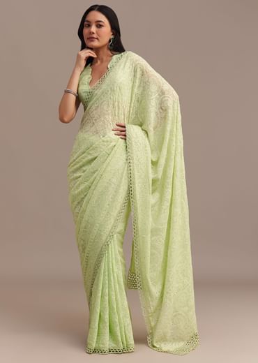 Light Green Chikankari Georgette Saree With Stone Embellishments