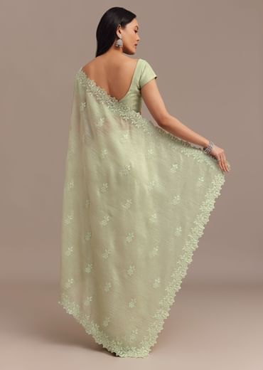 Light Green Crushed Tissue Saree With Resham Embroidered Border