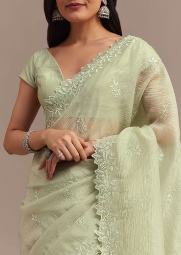 Light Green Crushed Tissue Saree With Resham Embroidered Border