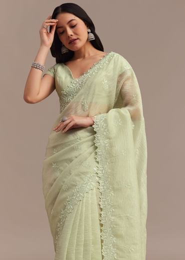 Light Green Crushed Tissue Saree With Resham Embroidered Border