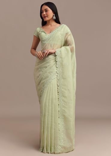 Light Green Crushed Tissue Saree With Resham Embroidered Border
