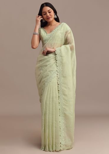 Light Green Crushed Tissue Saree With Resham Embroidered Border