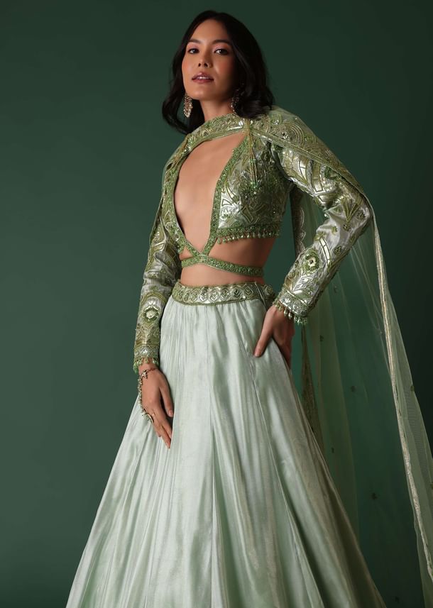 Light Green Foil Printed Bridal Lehenga And Blouse In Organza