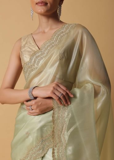 Light Green Foil Saree In Tissue With Cut Dana Embroidered Borders