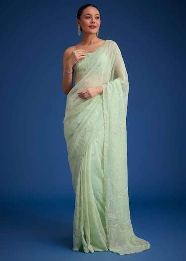 Light Green Georgette Saree With Cutdana And Bead Embroidery