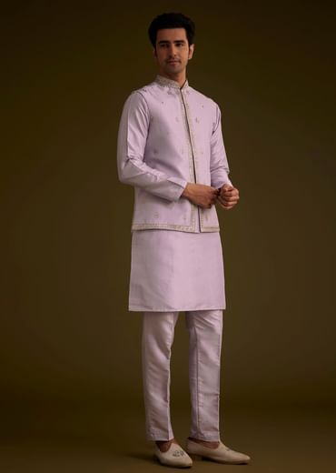 Light Lilac Cotton Silk Jacket Set With Floral Sequin Butti Embroidery
