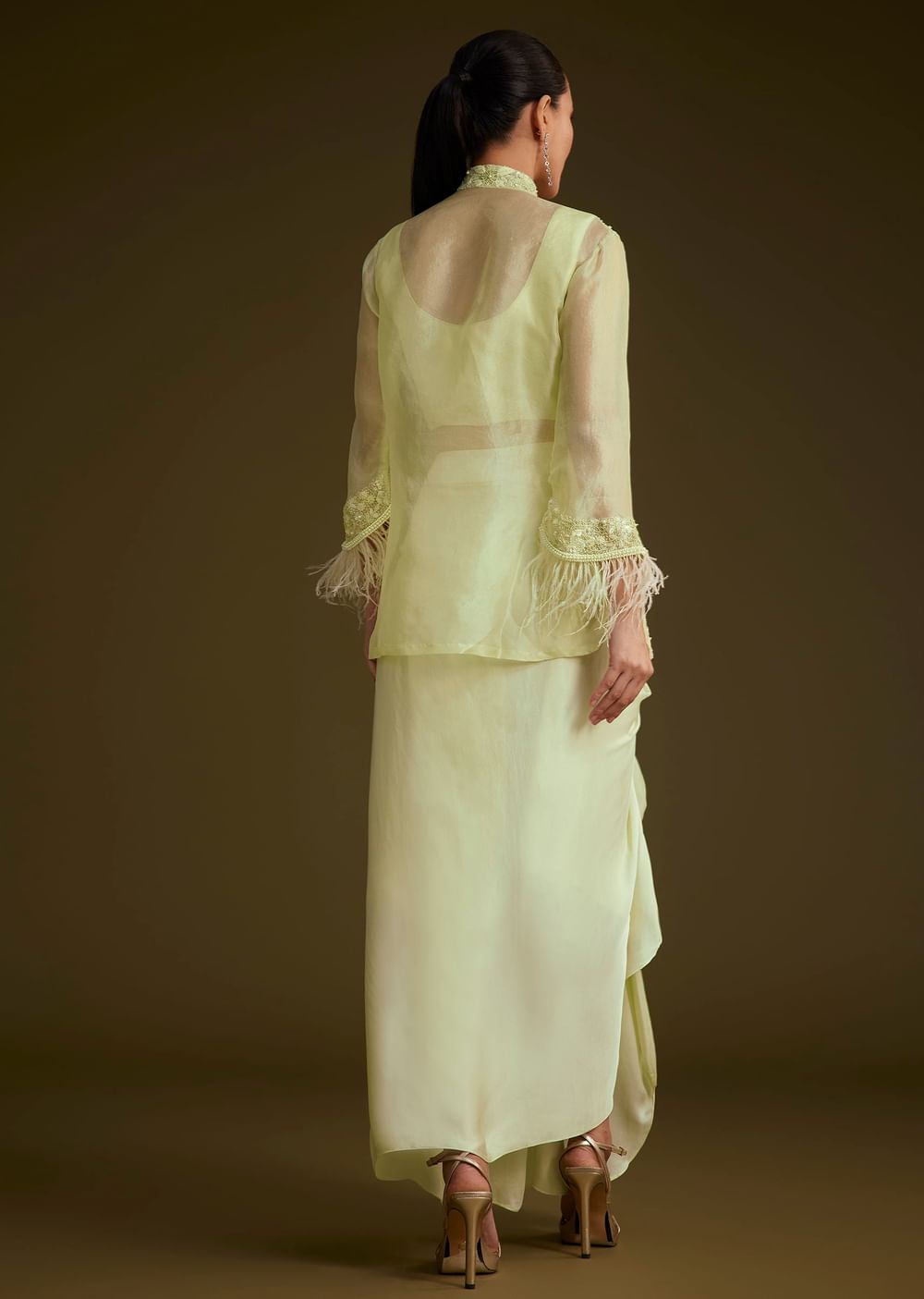 Light Lime Green Embroidered Crop Top And Jacket Set